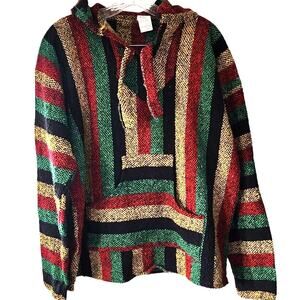 Mexican Baja Woven Hippie Cozy Pullover V-Neck Hooded Pockets Poncho Large